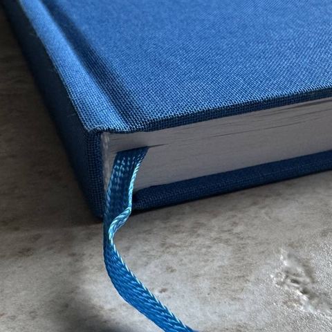 Detail: Buchdecke aus blauem Leinen mit Leseband Detail: Buchdecke aus blauem Leinen mit Leseband