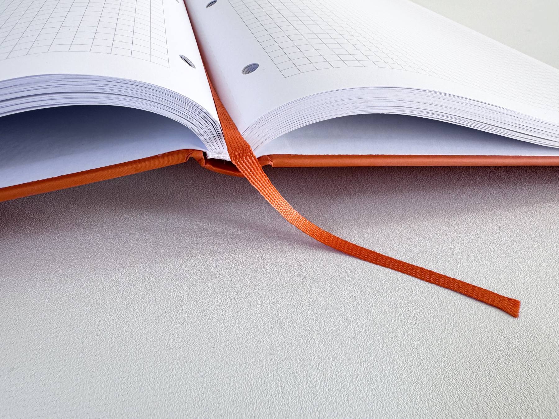 Aufgeschlagenes Notizbuch mit orangem Leseband und Karoraster Aufgeschlagenes Notizbuch mit orangem Leseband und Karoraster